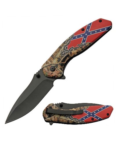 Confederate Battle Flag forest camo spring assist knife
